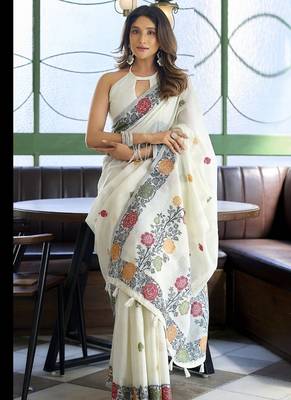 White linen jaquard handoom casual wear saree 3