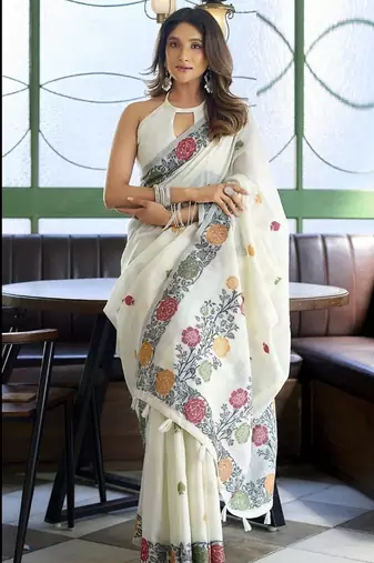 White linen jaquard handoom casual wear saree