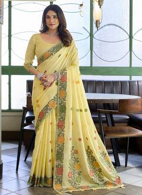 Yellow linen jaquard handoom casual wear saree 2