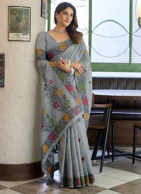 Gray linen jaquard handoom casual wear saree 2