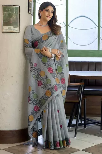 Gray linen jaquard handoom casual wear saree