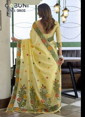Yellow linen jaquard handoom casual wear saree 3