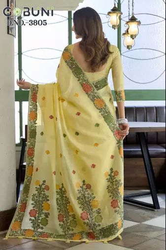 Yellow linen jaquard handoom casual wear saree