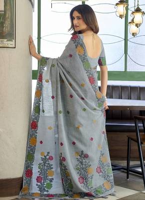 Gray linen jaquard handoom casual wear saree 3