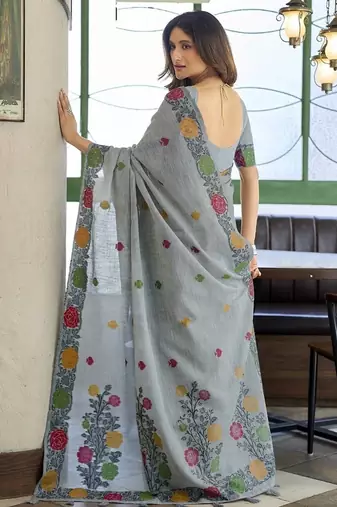 Gray linen jaquard handoom casual wear saree