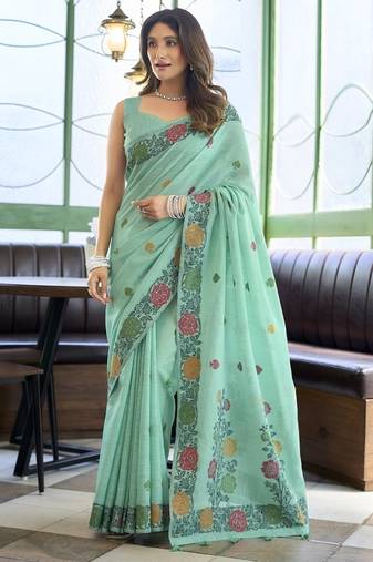 Turquoise linen jaquard handoom casual wear saree