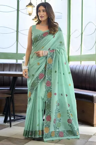 Turquoise linen jaquard handoom casual wear saree