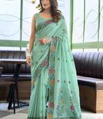 Turquoise linen jaquard handoom casual wear saree