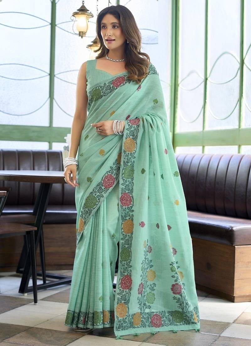 Turquoise linen jaquard handoom casual wear saree