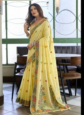 Yellow linen jaquard handoom casual wear saree 4