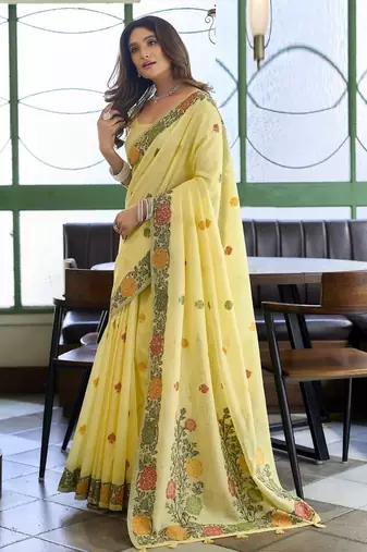 Yellow linen jaquard handoom casual wear saree