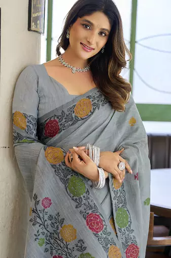 Gray linen jaquard handoom casual wear saree