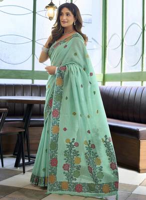 Turquoise linen jaquard handoom casual wear saree 2