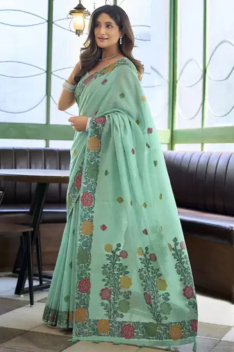 Turquoise linen jaquard handoom casual wear saree