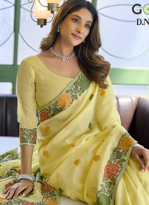 Yellow linen jaquard handoom casual wear saree 5