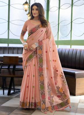 Peach linen jaquard handoom casual wear saree 1