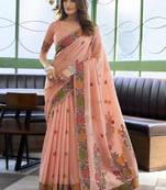 Peach linen jaquard handoom casual wear saree