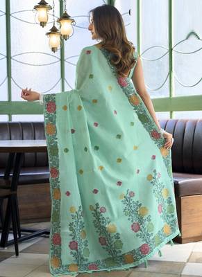Turquoise linen jaquard handoom casual wear saree 3