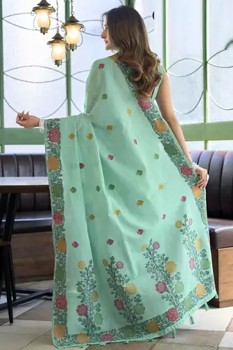 Turquoise linen jaquard handoom casual wear saree