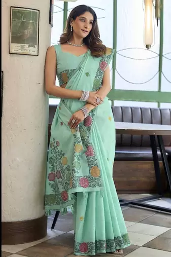 Turquoise linen jaquard handoom casual wear saree