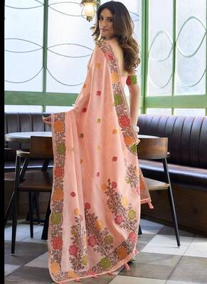 Peach linen jaquard handoom casual wear saree 3