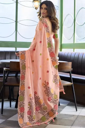Peach linen jaquard handoom casual wear saree
