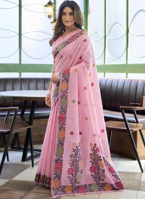 Baby pink linen jaquard handoom casual wear saree 1