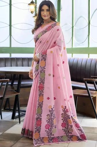 Baby pink linen jaquard handoom casual wear saree