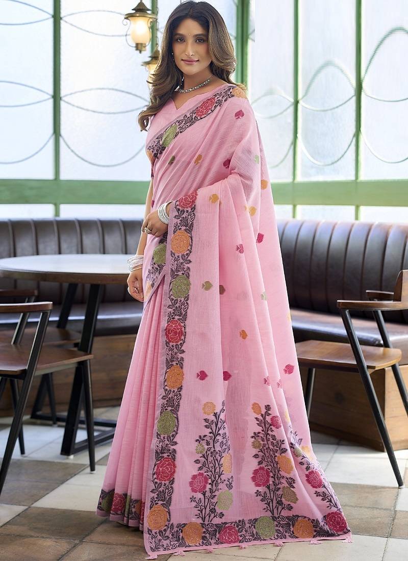 Baby pink linen jaquard handoom casual wear saree