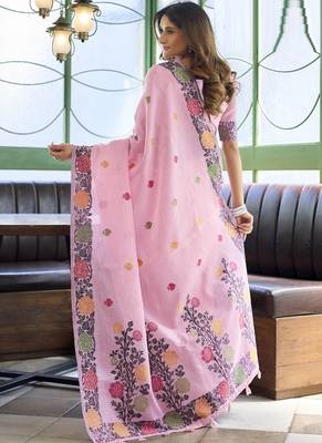 Baby pink linen jaquard handoom casual wear saree 3