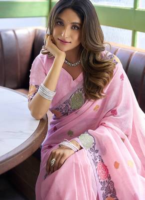 Baby pink linen jaquard handoom casual wear saree 4