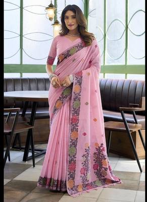 Baby pink linen jaquard handoom casual wear saree 5