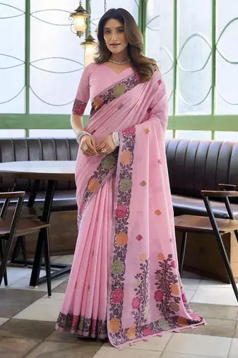Baby pink linen jaquard handoom casual wear saree