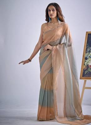 designer green peach hand work zarkan embroidery silk saree 1