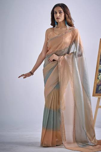 designer green peach hand work zarkan embroidery silk saree