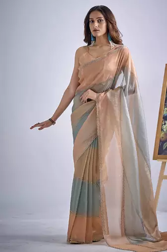 designer green peach hand work zarkan embroidery silk saree