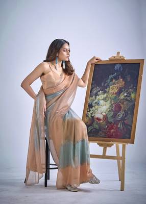 designer green peach hand work zarkan embroidery silk saree 3