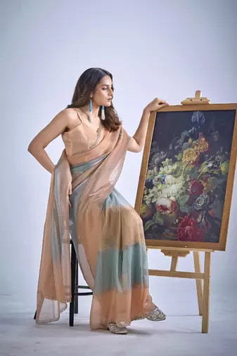 designer green peach hand work zarkan embroidery silk saree