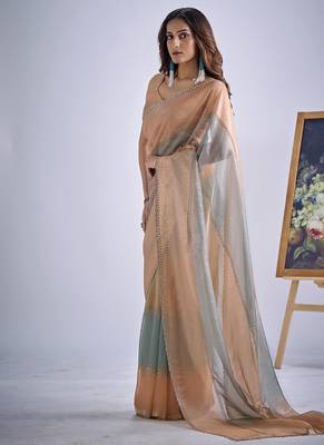 designer green peach hand work zarkan embroidery silk saree 4