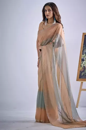 designer green peach hand work zarkan embroidery silk saree