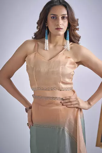 designer green peach hand work zarkan embroidery silk saree