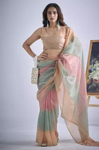 designer multicolor hand work zarkan embroidery silk saree