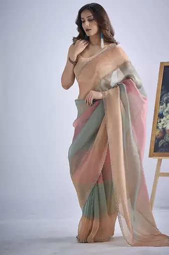designer multicolor hand work zarkan embroidery silk saree