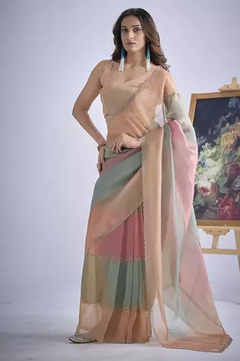 designer multicolor hand work zarkan embroidery silk saree