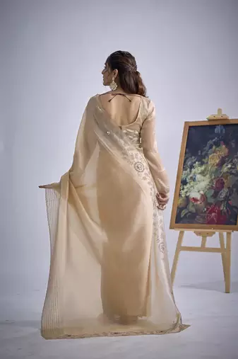 indian beige zarkan butta handwork kanjivaram silk saree
