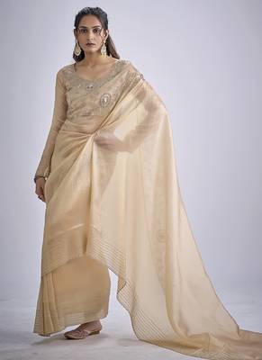 indian beige zarkan butta handwork kanjivaram silk saree 3