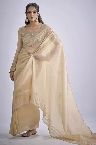 indian beige zarkan butta handwork kanjivaram silk saree