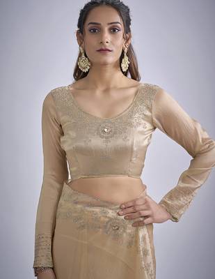 indian beige zarkan butta handwork kanjivaram silk saree 4
