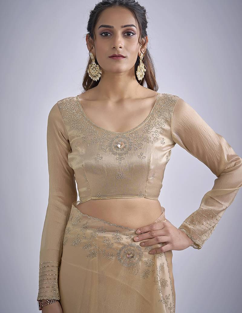 indian beige zarkan butta handwork kanjivaram silk saree