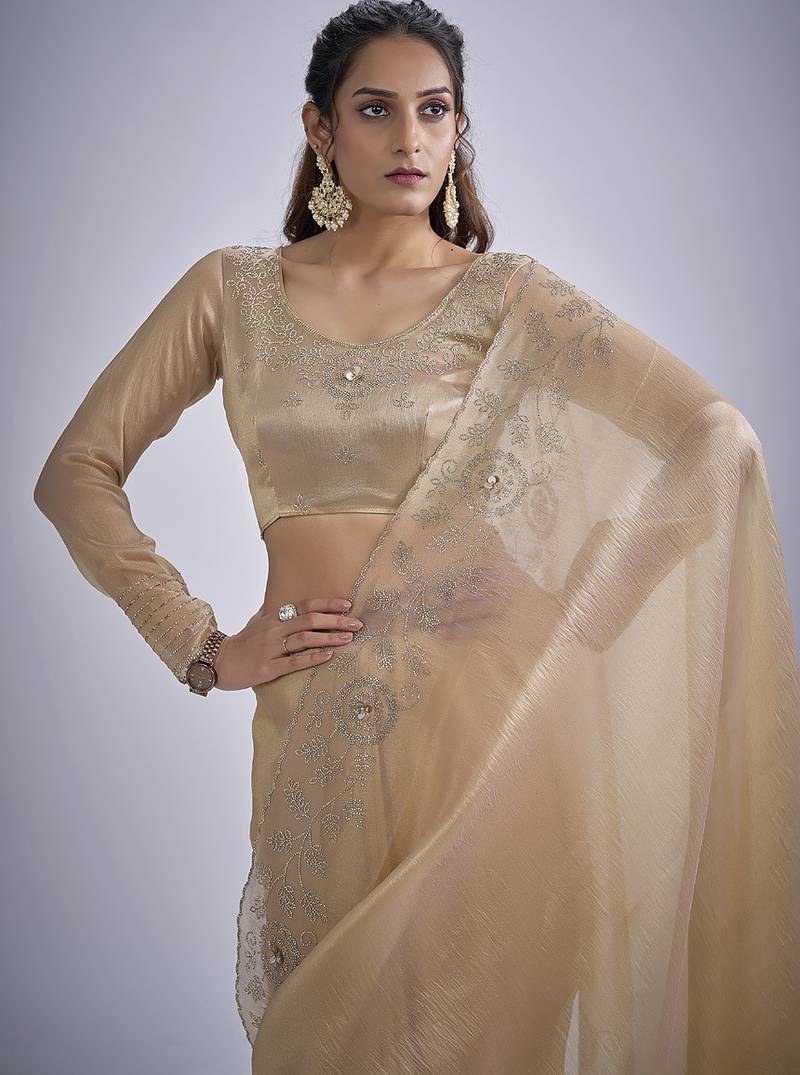 indian beige zarkan butta handwork kanjivaram silk saree